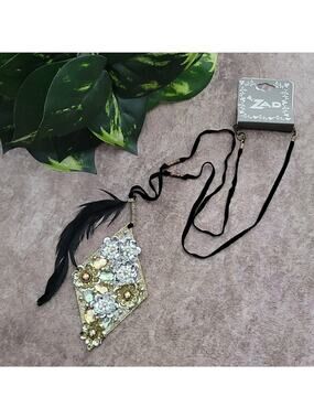 ZAD long Sequin, Beaded Pendant & Feather Necklace NEW